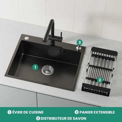 Évier de Cuisine 60 x 49 cm, CECIPA MAX Évier carré en inox brossé, Évier 1 Bac, avec Distributeur de savon et Panier égouttoir