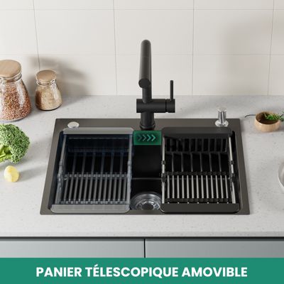 Évier de Cuisine 60 x 49 cm, CECIPA MAX Évier carré en inox brossé, Évier 1 Bac, avec Distributeur de savon et Panier égouttoir