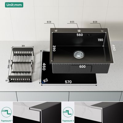 Évier de Cuisine 60 x 49 cm, CECIPA MAX Évier carré en inox brossé, Évier 1 Bac, avec Distributeur de savon et Panier égouttoir