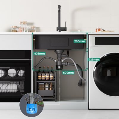 Évier de Cuisine 60 x 49 cm, CECIPA MAX Évier carré en inox brossé, Évier 1 Bac, avec Distributeur de savon et Panier égouttoir