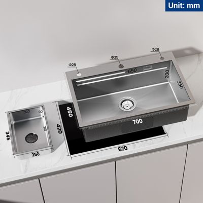 Évier de Cuisine avec égouttoirs 70 x 45 cm, Cecipa MAX Évier en Inox Brossé, Évier 1 Bac avec Egouttoir + Vasque