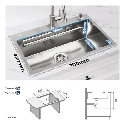 Évier de Cuisine avec égouttoirs 70 x 45 cm, Cecipa MAX Évier en Inox Brossé, Évier 1 Bac avec Egouttoir + Vasque