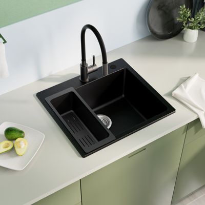 Évier de Cuisine en Granit 50x45cm , SOFETIY MAX Évier 1 Bac Noir , Kit de Vidage,Évier à poser + Panier égouttoir