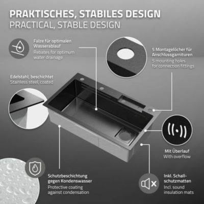 Évier de cuisine encasté multifonctions robinet douchette 80x46 cm anthracite