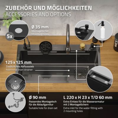 Évier de cuisine encasté multifonctions robinet douchette 80x46 cm anthracite