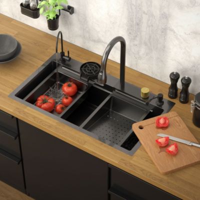 Évier de cuisine encasté multifonctions robinet douchette 80x46 cm anthracite