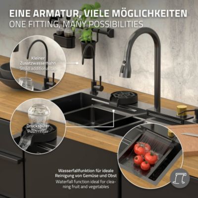 Évier de cuisine encasté multifonctions robinet douchette 80x46 cm anthracite