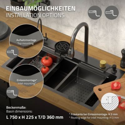 Évier de cuisine encasté multifonctions robinet douchette 80x46 cm anthracite