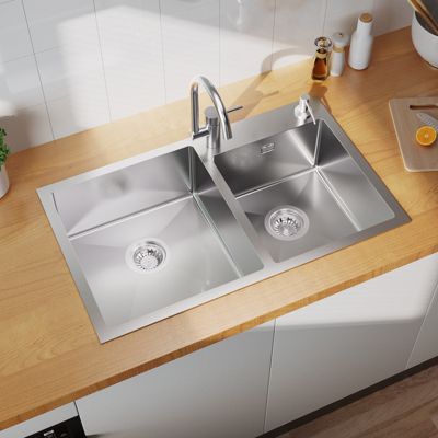 Évier de Cuisine inox 75 x 45 cm, Auralum MAX Évier 2 Bacs, Lavabo Cuisine Montage Encastré ou Supérieur, Évier carré
