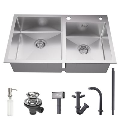 Évier de Cuisine inox 75 x 45 cm, Auralum MAX Évier 2 Bacs, Lavabo Cuisine Montage Encastré ou Supérieur, Évier carré