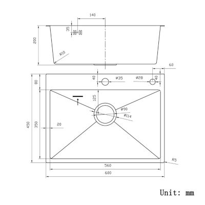 Évier de Cuisine Inox Argent 60x45x20cm 1 bac avec Vidage rapide et haut débit
