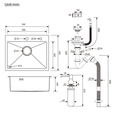 Évier de Cuisine inox brossé 55 x 45 cm, CECIPA MAX Évier 1 Bac, Lavabo Cuisine Montage encastrer + Distributeur de Savon