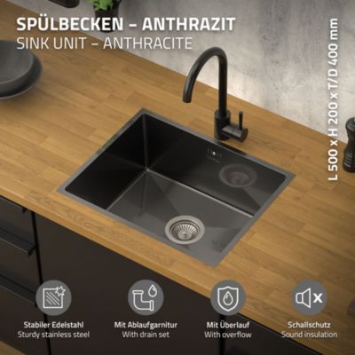 Évier de cuisine ML-Design 50x40 cm anthracite vidage et trop plein montage à encastrer sous plan