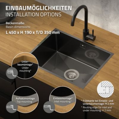 Évier de cuisine ML-Design 50x40 cm anthracite vidage et trop plein montage à encastrer sous plan