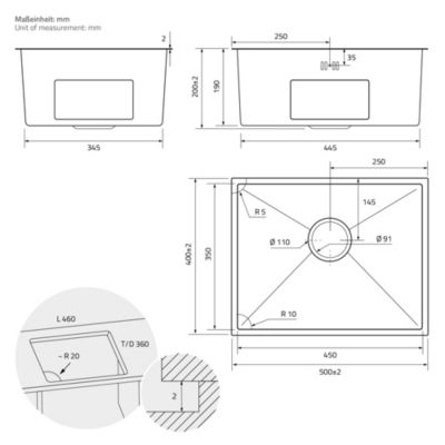 Évier de cuisine ML-Design 50x40 cm anthracite vidage et trop plein montage à encastrer sous plan