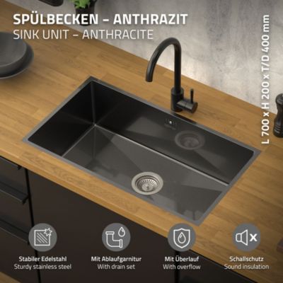 Évier de cuisine ML-Design 70x40 cm anthracite vidage et trop plein montage à encastrer sous plan