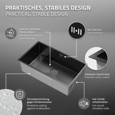 Évier de cuisine ML-Design 70x40 cm anthracite vidage et trop plein montage à encastrer sous plan