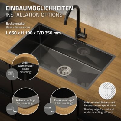 Évier de cuisine ML-Design 70x40 cm anthracite vidage et trop plein montage à encastrer sous plan