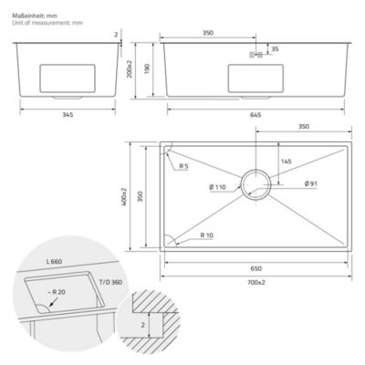 Évier de cuisine ML-Design 70x40 cm anthracite vidage et trop plein montage à encastrer sous plan