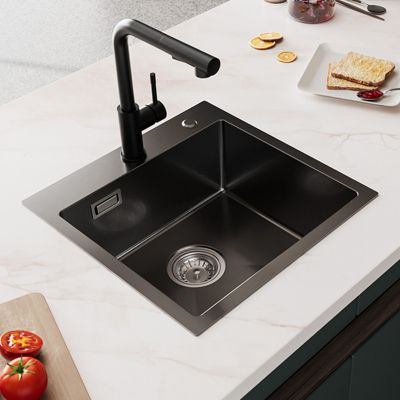 Évier de Cuisine Noir 45 x 45 cm, SOFETIY MAX Évier en inox brossé, Évier 1 Bac, Lavabo Cuisine Montage Encastré ou Supérieur