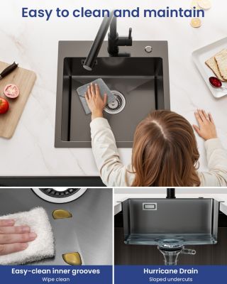Évier de Cuisine Noir 45 x 45 cm, SOFETIY MAX Évier en inox brossé, Évier 1 Bac, Lavabo Cuisine Montage Encastré ou Supérieur