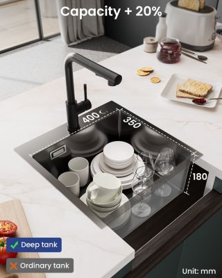 Évier de Cuisine Noir 45 x 45 cm, SOFETIY MAX Évier en inox brossé, Évier 1 Bac, Lavabo Cuisine Montage Encastré ou Supérieur