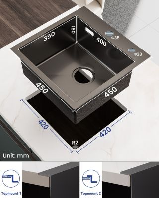 Évier de Cuisine Noir 45 x 45 cm, SOFETIY MAX Évier en inox brossé, Évier 1 Bac, Lavabo Cuisine Montage Encastré ou Supérieur