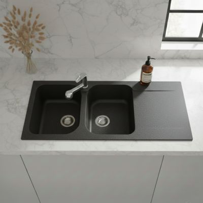 Évier résine noir légèrement moucheté Ewi ZIGGY 2 bacs 1 égouttoir