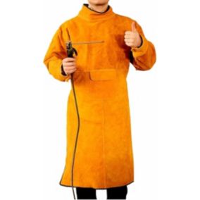(XL-105cm) Tablier de soudeur unisexe en cuir de vache - jaune avec manches et col, tablier de protection pour le travail en ateli