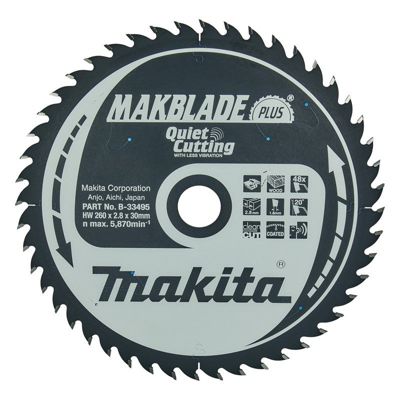Lame De Scie Circulaire Makita B-33495, Makblade+ T.c.t, 260 X 30 Mm, 48 Dents, Pour Bois