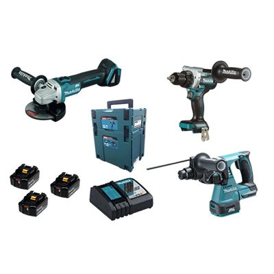 Lot 3 outils 18V perceuse visseuse DDF486 + perfo burineur DHR243 + disqueuse DGA506 MAKITA avec 3 batteries 18V 5.0Ah chargeur MakPac DLX3157TJ - vue 3