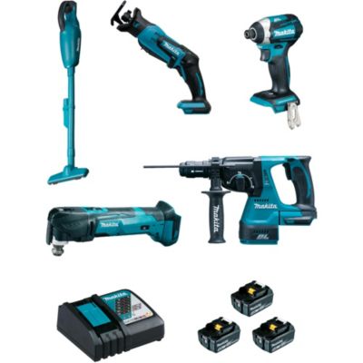 Pack 5 outils 18V DTD154 + DJR183 + DHR243 + DTM51 + DCL180 + 3 batteries 5Ah + chargeur + coffret MAKPAC MAKITA DLX5045TJ - vue 2