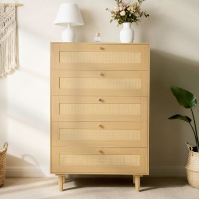 VEVOR Commode bohème en rotin 5 tiroirs avec poignées en métal et pieds en bois