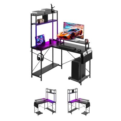 VEVOR Bureau gaming en réversible 1 2 éclairage LED RGB prises intégrées support écran et tour amovible