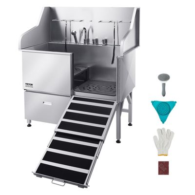 VEVOR Baignoire chien inox 127 5 cm station lavage rampe. Robinet pommeau douche porte droite.