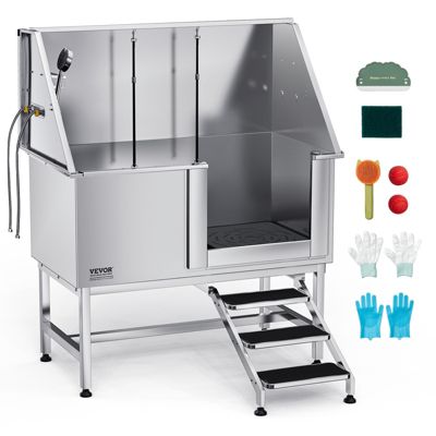 VEVOR Baignoire chien inox 127 cm station lavage escalier. Robinet pommeau douche porte droite.