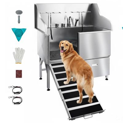 VEVOR Baignoire chien inox 127 5 cm station lavage rampe. Robinet pommeau douche porte gauche.
