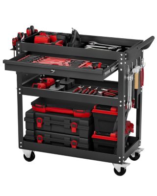 VEVOR Chariot outils 4 niveaux, roulettes, tiroir, panneau perforé, 160kg, atelier, garage, noir.