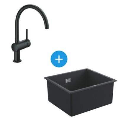 Kit Evier Quartz Noir Granite K700 417 x 366mm et Mitigeur Minta Noir col de cygne pivotant à 360 degrès