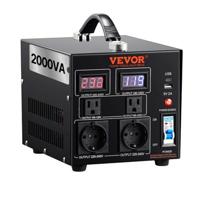 Convertisseur de Tension VEVOR 110 V 220 V 2000VA avec 2 Prises 50 60 Hz 240 x 185 x 200 mm