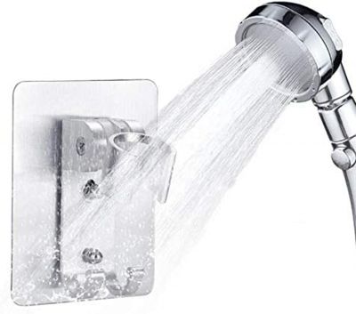 1 support de pommeau de douche adhésif réglable avec 2 crochets pour pommeau de douche, salle de bain et baignoire (9,3 x 6,5 cm)