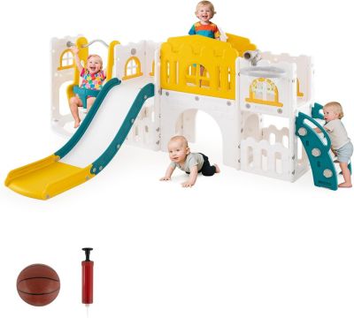 10 en 1 Toboggan Enfants Balançoire, Panier de Basket,en Plastique,Cabane de Jardin,252 x 150 x 102CM, pour 1 Ans+ (Bleu+Jaune)