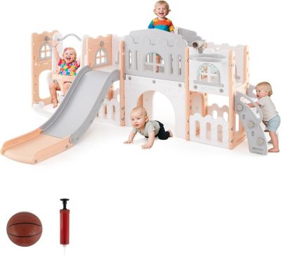 10 en 1 Toboggan Interieur Exterieur Enfants Balançoire, Panier de Basket, en Plastique, 252 x 150 x 102CM, pour 1 Ans+ (Rose)