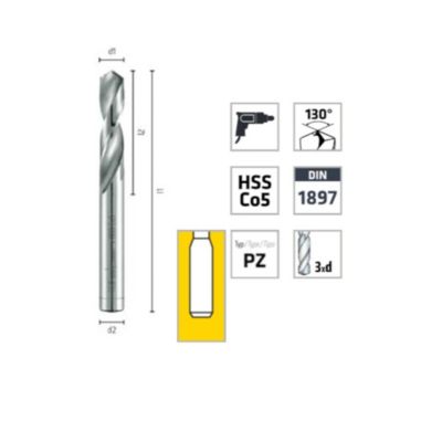 10 Forets Hélicoïdaux HSS Co Extra Court DIN 1897 PZ - Inox, Aciers 130  D. 7.5 x Lt. 74 x Lu. 34 x Q. 7.5 mm x Z2 - Diamwood