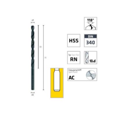 10 Forets Hélicoïdaux HSS Long DIN 340 RN - Métaux 118  D. 5.1 x Lt. 132 x Lu. 87 x Q. 5.1 mm x Z10xd - Diamwood