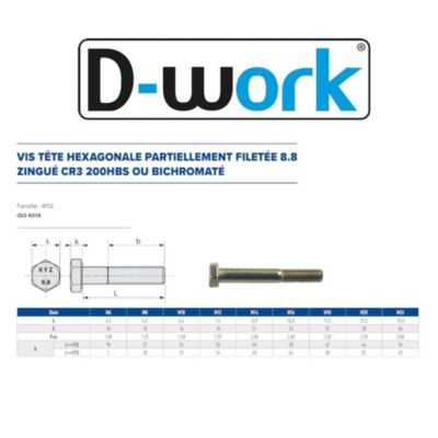 10 Vis Métaux Tête Hexagonale F/Partiel 24 x 160 mm - 4014 - 8.8 - Zingué CR3 - D-Work