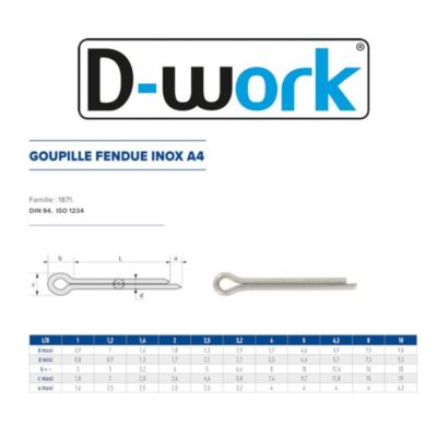 100 Goupilles Fendues D. 8 x 80 mm - DIN 94 - Inox A4 - D-Work