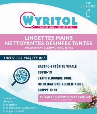 100 lingettes mains nettoyantes désinfectante Wyritol