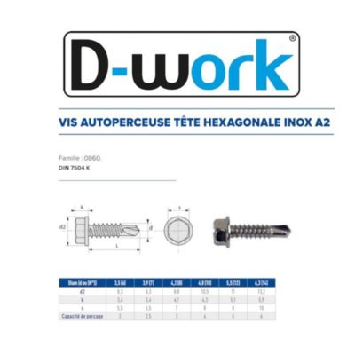 100 Vis Autoperceuses Tête Hexagonale 6.3 x 50.8 mm - DIN 7504 K - Inox A2 - D-Work