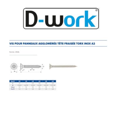 100 Vis Bois Tête Fraisée Torx T30 6 x 40 mm - Inox A2 - D-Work